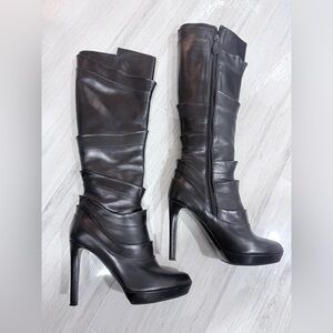 $2590 JIL SANDER Armadillo high heel platform Black Leather Knee-High Boots 38